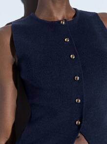 Maija Women's Casual Solid Color Sleeveless Button Front Knit Top, Business Casual Office Wear For Ladies, Suitable For Summer And Autumn Knit Top Women Summer Tops Women Knit Tops Women Knit Top Sleeveless Knit Top Teacher Outfits Tops For Going Out Business Casual Woman Office Outfits For Women Work Clothes Women Work Clothesoffice Wear Women Office Attire For Women Going Out Tops Women Casual Blouses For Ladies - Navy Blue - View 5