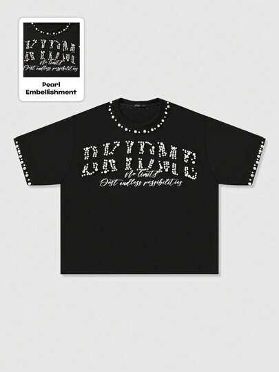 Street Life Maglietta a maniche corte con vestibilità ampia da uomo, decorata con strass e perle luccicanti