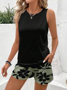 SHEIN LUNE 2 件套女士休闲花卉图案圆领背心和短裤套装，适合夏季