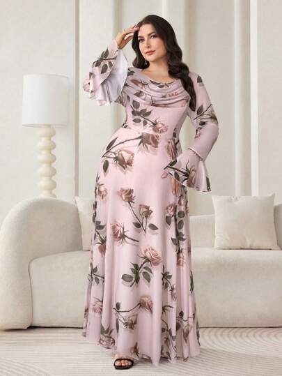 Modelyn 大码女式花卉印花高领喇叭袖优雅连衣裙