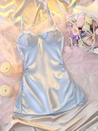 DelicateAllure 女式性感睡袍，带有褶饰蕾丝边、褶饰胸围、褶皱细节、修身剪裁、高开衩、法式浪漫风格