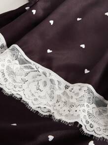 2 件套青少年女孩可爱甜美优雅休闲日常穿着黑色背景白色心形和碎花吊带背心和短裤睡衣套装 - 黑色 - 查看 4