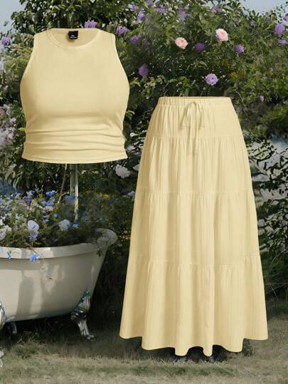 SHEIN EZwear 1 Set Yellow Sleeveless Tank Top And Waist-Tie Maxi Skirt, Plus Size Women Summer Outfit, Butter Yellow Two Piece Set, Summer Skirt And Top Set, Vacation Outfits Women Skirt Set