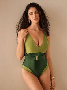 Anewsta Summer Beach Green Nylon Shiny Waist Flounce Gold Snap One-Piece Swimsuit For Women, Holiday Style - Green - View 6