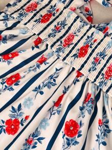 INAWLY Women Woven Floral Print Casual Romantic Elegant 2 Pieces Set, For Vacation Brunch Vacation Orange Navy Blue Summer - Navy Blue - View 6