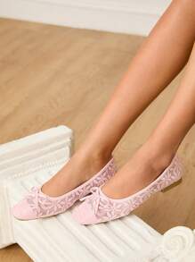 CUCCOO HITCHD Women Shoes Summer New Arrival Bow & Floral Embroidery Lace Square Toe Flats, Elegant Romantic Comfortable Blush Pink Mesh Flats, Suitable For Dress, Wedding, Party, Date, Fashion