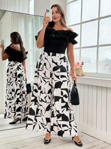 Ellevyn Curve Plus Size Women's Black And White Summer Elegant Cocktail Off-Shoulder Ruffle Bodysuit & Geometric Printed Elastic Waist Trousers Two-Piece Set - Multicolor - View 5