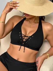 Swim SXY Plus Size Women Solid Color Vacation Bikini Top For Summer - Black - View 3