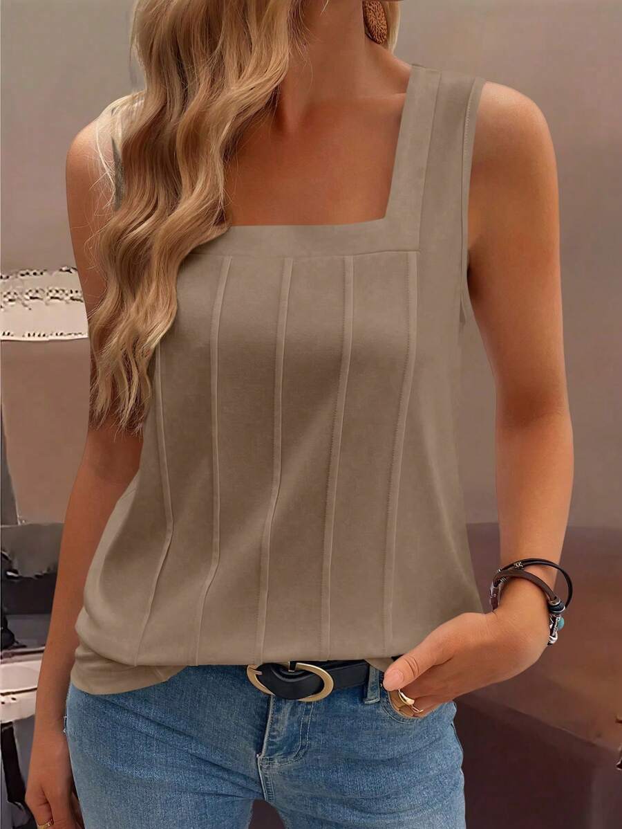 SHEIN LUNE 全新夏季女式宽肩带方领无袖宽松折扣背心 - 卡其色 - 查看 1