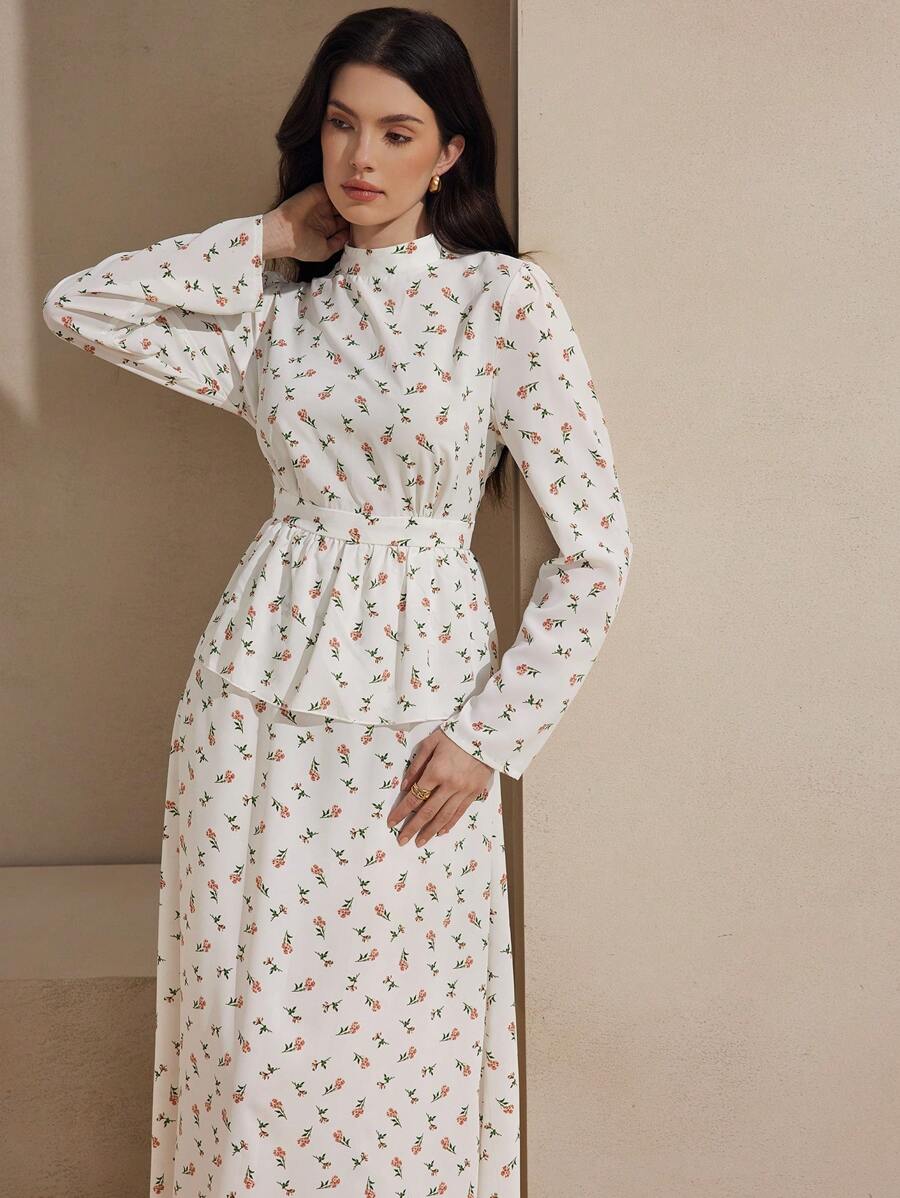 Graceveil Robe élégante à fleurs éparpillées à taille haute pour femmes