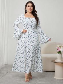 Modelyn Vestido de manga larga con cintura ajustada y estampado floral en color albaricoque para tallas grandes