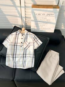 Boys Casual Check Pattern Collar Short Sleeve Henley Shirt And Solid Color Pants Set, Suitable For Commute, School, Daily Wear And Sports, All Seasons - Multicolor - View 4