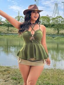 Flirla 大码新款夏季复古性感休闲串珠细肩带系带吊带背心，适合节日、波西米亚风、嬉皮士风、女牛仔风、复古风元素的女士 - 軍綠色 - 查看 7