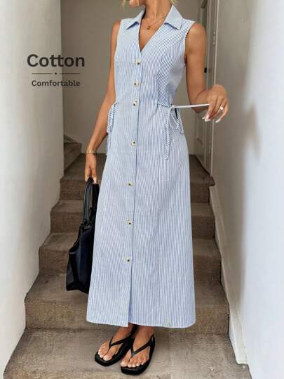 Easowa 女式夏季休闲无袖连衣裙，前开襟，海军蓝和白色条纹航海风格，适合休闲、度假、休闲通勤