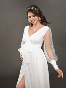 SHEIN 孕妇拍照装，长袖针织毛衣上衣搭配雪纺蝴蝶结高开衩长裙，适合婴儿洗礼和派对 - 白色 - 查看 5