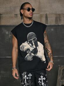 AXEPEAK Camiseta de tirantes de cuello redondo corta con estampado de figura masculina, casual para verano - Negro - Ver 1