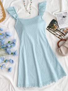 SHEIN TEENGIRL Vacation Goose 蓝色纹理针织荷叶边下摆紧身连衣裙，非常适合下午茶和街头风格 - 藍色 - 查看 1