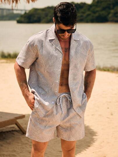 Manfinity Men's Tropical Plant Printed Shirt And Shorts Beach Set Men Beach Wear Sets Men Vacation Outfit Men Resort Wear