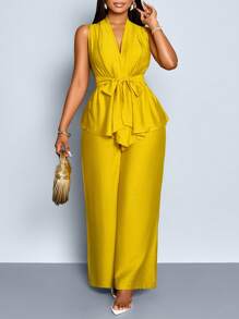 SOLERSUN 2 pièces Femmes grande taille Ensemble Top sans manches torsadé à la taille et pantalon évasé d'été unicolore