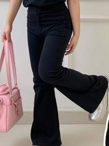 SHEIN Conjunto de 2 piezas de parte superior de manga corta con cuello redondo y pantalones, estilo minimalista casual para niña, apto para el verano - Negro - Ver 4