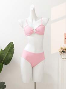 Tween Girls 3pcs Bikini Set, Pink Bandeau Bralette Crop Top, Pink Triangle Bottoms, Pink Mesh Skirt - Pink - View 9