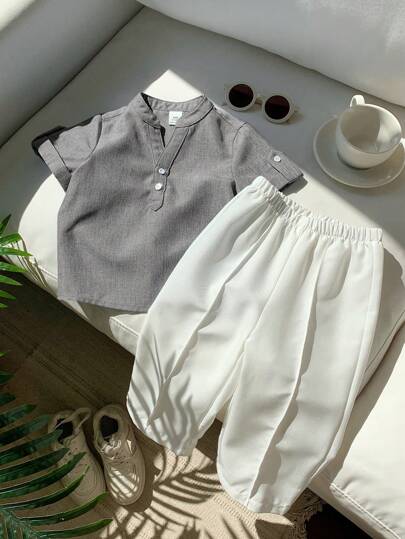 SHEIN LMoss Kids 2件套年轻男童休闲纯色立领短袖衬衫+直筒裤