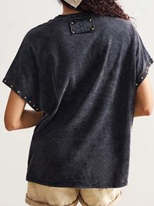 Bohemela 女式宽松纯色针织拼布网眼圆领短袖 T 恤 - 黑色 - 查看 7