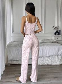 Flirla 2pcs Leisure Spaghetti Strap Printed Rib Knit Cami Top And Pants Homewear Set - Mauve Purple - View 2