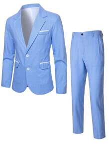 Manfinity Mode 男士商务通勤西装 - 夹克和裤子套装 - 淺藍色 - 查看 3