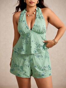 Elaquor Bộ 2 món áo hở lưng sequin gợi cảm cỡ lớn và quần short, kỳ nghỉ - màu xanh lá - Xem 1