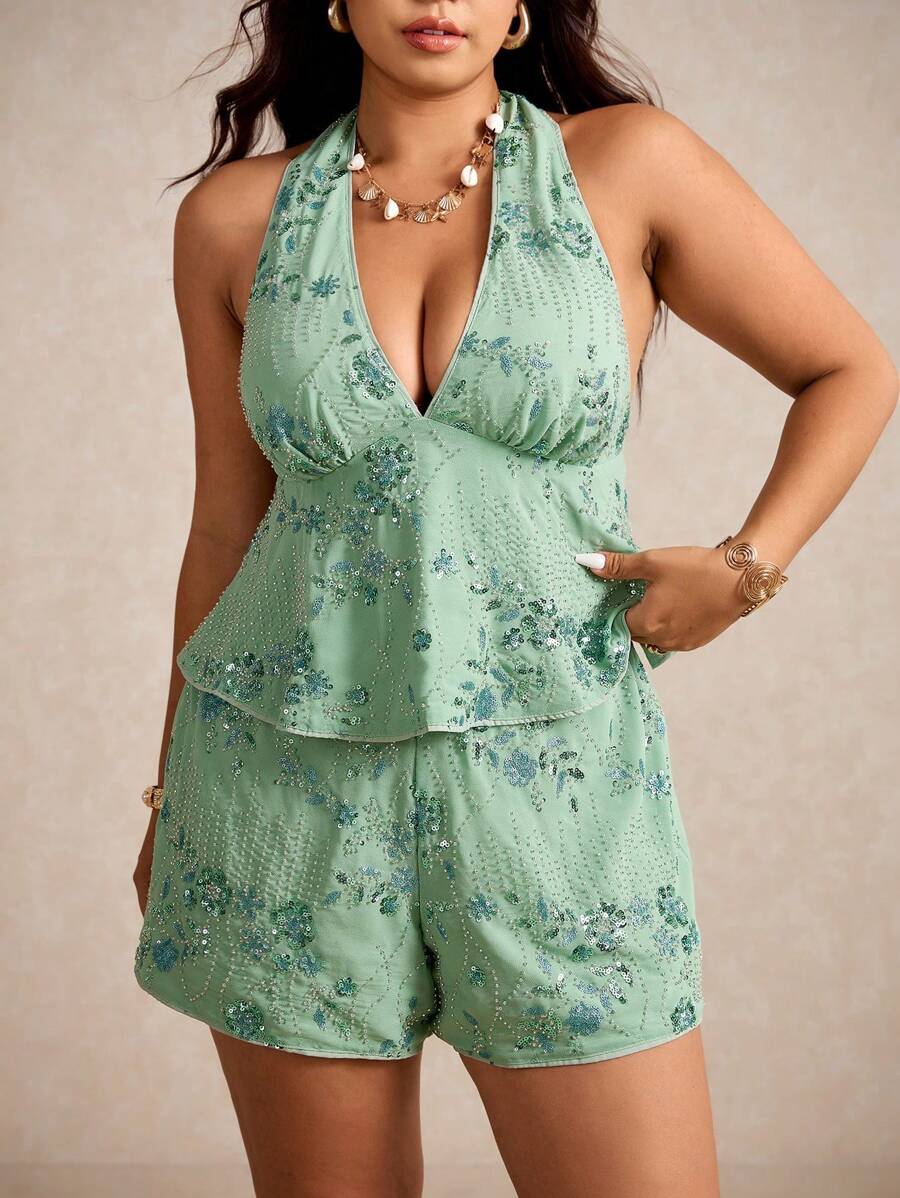 Elaquor Bộ 2 món áo hở lưng sequin gợi cảm cỡ lớn và quần short, kỳ nghỉ - màu xanh lá - Xem 1