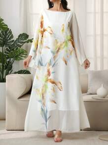 SHEIN Najma Elegant Floral Print Flare Sleeve Dress