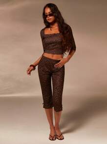 Athîral 女士时尚豹纹上衣和紧身裤两件套 - 棕色 - 查看 3