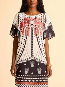 CAJUNI 女式波西米亚风印花度假休闲镂空荷叶边袖宽松迷你连衣裙 - 彩色 - 查看 1