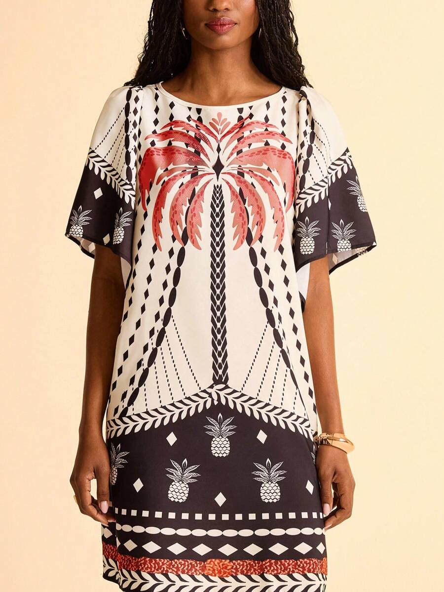 CAJUNI 女式波西米亚风印花度假休闲镂空荷叶边袖宽松迷你连衣裙 - 彩色 - 查看 1