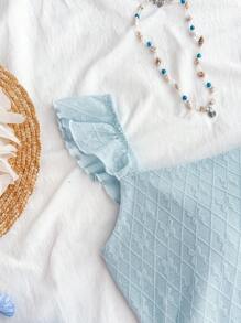 SHEIN TEENGIRL Vacation Goose 蓝色纹理针织荷叶边下摆紧身连衣裙，非常适合下午茶和街头风格 - 藍色 - 查看 5