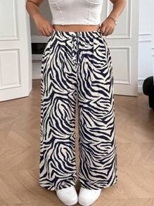 Solflare 藏蓝色斑马纹休闲直筒加大码裤 - 藍色 - 查看 3