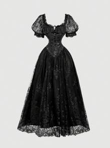 SHEIN MOD 杏色梦幻浪漫奢华蕾丝拼布缎面连衣裙，带有层叠荷叶边下摆和蝴蝶结装饰，适合约会、派对、节日、茶会、生日 - 黑色 - 查看 1