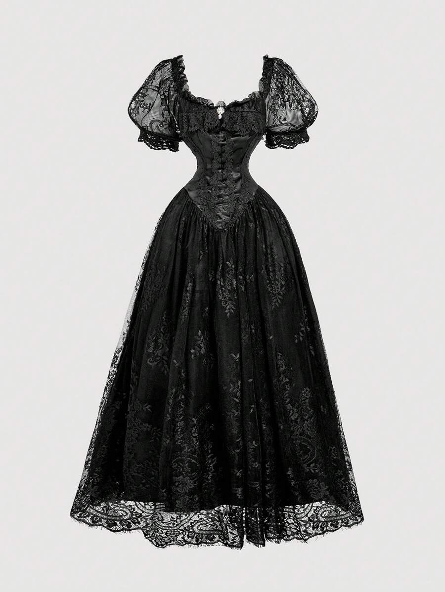 SHEIN MOD 杏色梦幻浪漫奢华蕾丝拼布缎面连衣裙，带有层叠荷叶边下摆和蝴蝶结装饰，适合约会、派对、节日、茶会、生日 - 黑色 - 查看 1