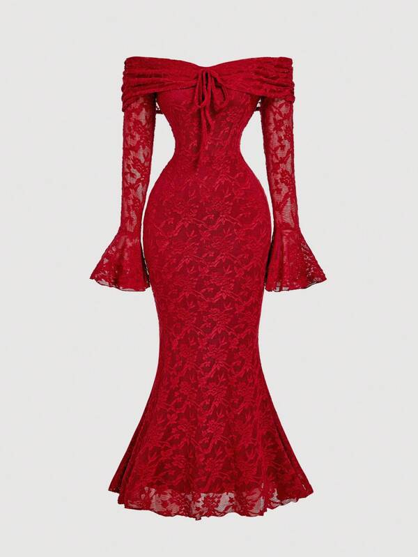 SHEIN MOD Women Off Shoulder Long Sleeve Front Tie Bodycon Dress,Red Mermaid Lace Dress,New Years Dress Women,New Year Party Dress,Valentine Day Formal Dresses For Wedding Guest,Wedding Guest Dress