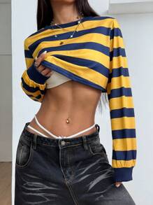 StreetHx 女士休闲条纹圆领超短款运动衫毕业、返校、毕业、女士教师、返校套头衫秋季 - 彩色 - 查看 6