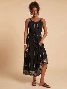 Travachic Women's Holiday Plant Print Ruffle Hem Spaghetti Strap Dress,Fall Women Clothes,Autumn Clothes,Fall Dresses For Women ,Fall Outfits Women,Fall Outfits, Modest Dresses For Women,Old Money Style Women