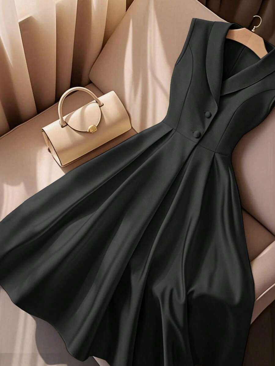 Franclia Women's Mint Green Collared Sleeveless Fitted Dress, Summer - Black - View 1