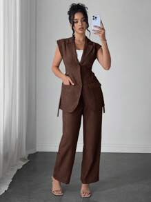 Modelyn Bộ 2 món xuân/hè cho nữ có thắt nút tre thiết kế eo thắt hiện đại thanh lịch, thời trang - màu nâu - Xem 5