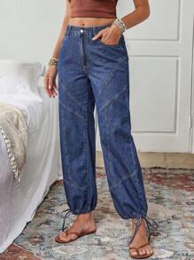 EMERY ROSE Jeans décontractés pour femmes avec cordon de serrage et ourlet - Bleu azur - Voir 3