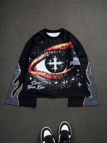 Manfinity EMRG Manfinity Streetrush Manfinity Streetrush Men Vintage Distressed Eye Graphic Oversized Bell Sleeve Sweatshirt, Black, Fall