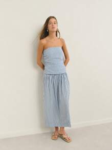 Nöista Vestido largo con hombros descubiertos y rayas, top fruncido, estilo veraniego, falda suelta casual para uso diario