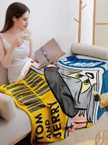 TOM & JERRY X SHEIN Cat Pattern Fluffy Coral Fleece Blanket For Office Nap, Throw Blanket, Soft Warm Cozy Sofa Blanket, Lightweight Skin-Friendly Blanket For Home, Travel, Gift - Yellow - View 3