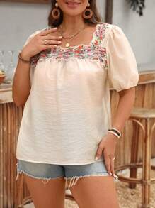 SHEIN LUNE Plus Size Women Floral Patchwork Sheer Short Puff Sleeve Fashionable Blouse - Apricot - View 7