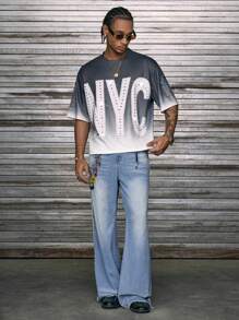 Camiseta de cuello redondo de manga corta para hombres con gráfico de estilo callejero hip hop casual con rhinestones, marca AXEPEAK - Gris - Ver 4